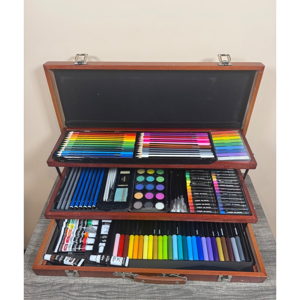 ArtSkills Premium Artist Case 3 Tier Wooden Box Art Supply Set Pencils Pastels